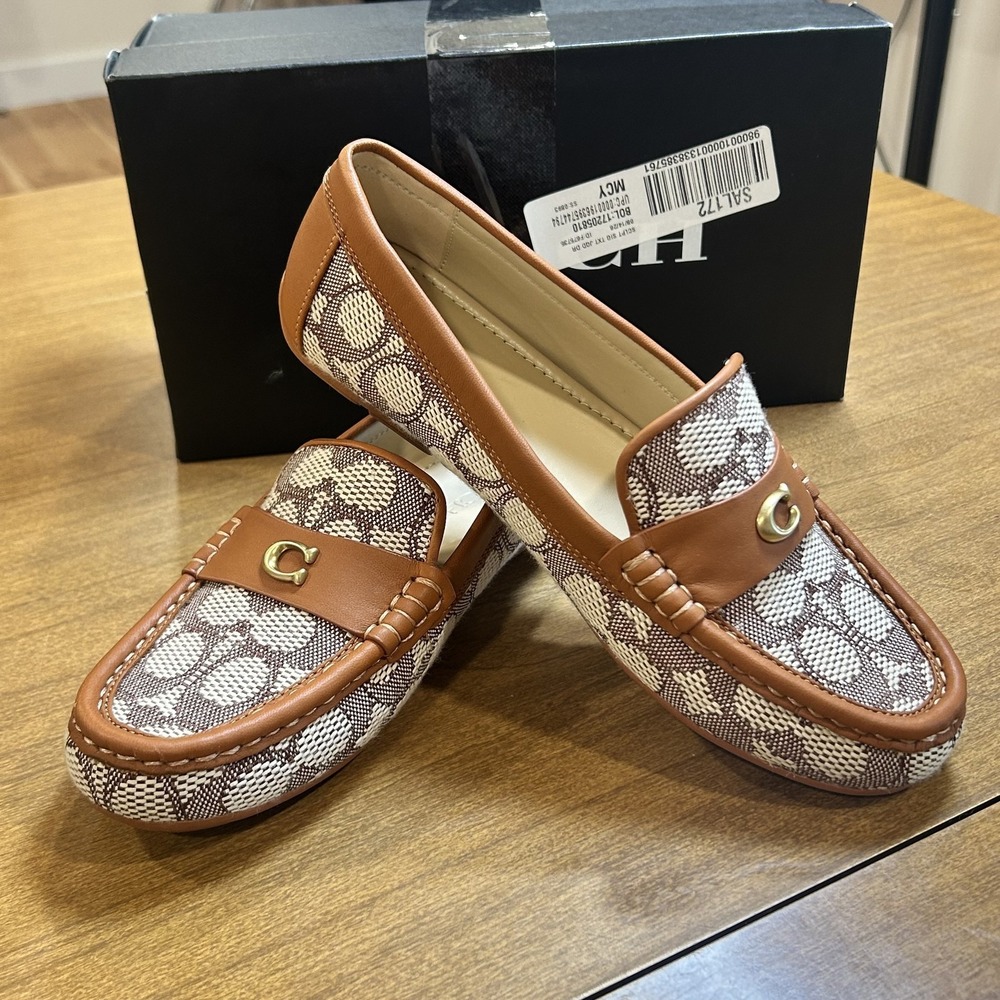 Coach SCLPT SIG TXT JQD DR Shoes Womens Size 7 Brown Logo Loafer Flats Jacquard